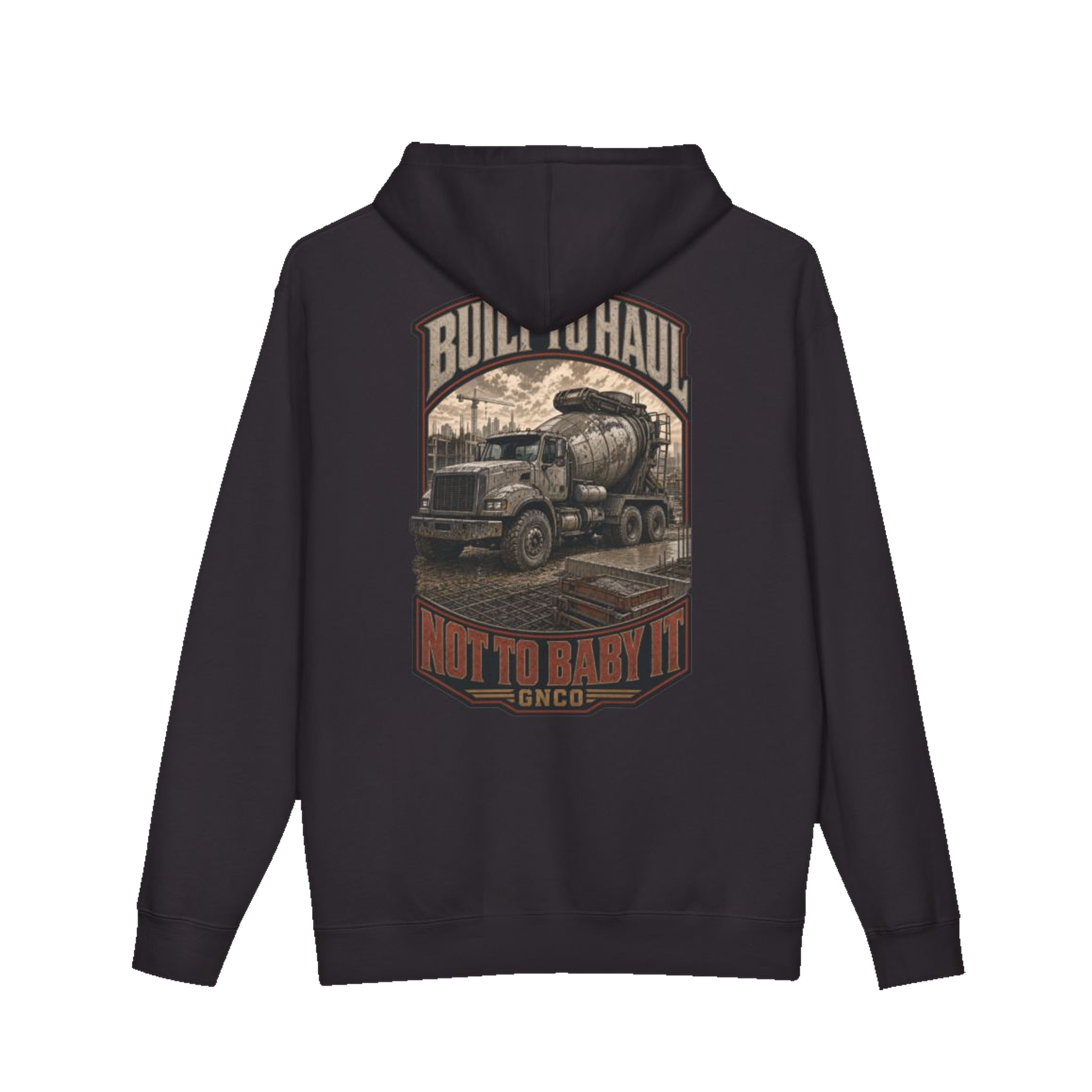 Back artwork on BUILT TO HAUL™ Concrete Mixer Hoodie in Black