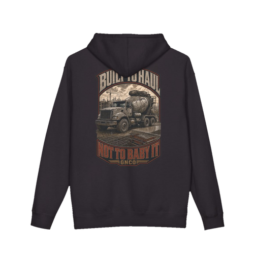 Back artwork on BUILT TO HAUL™ Concrete Mixer Hoodie in Black