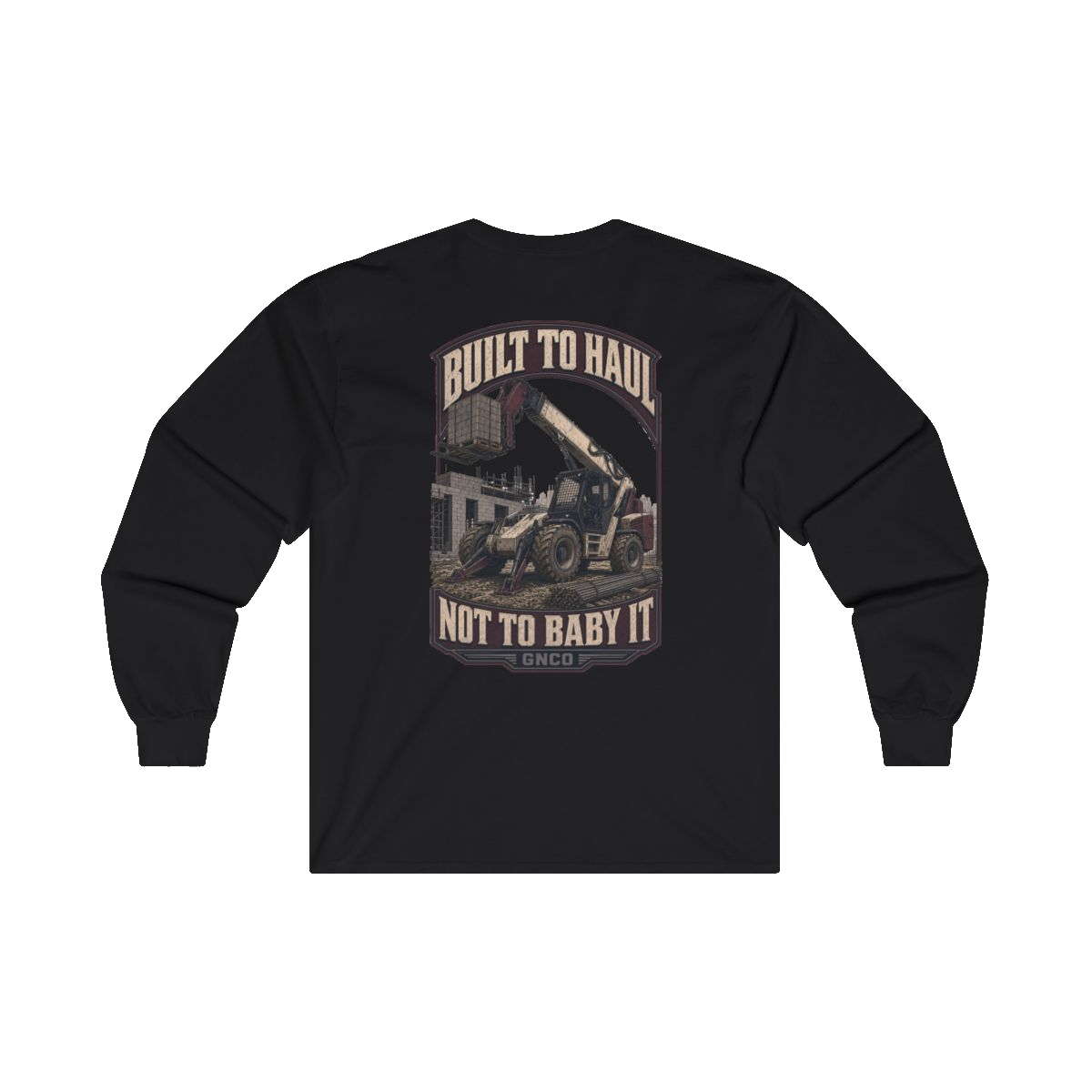 Back artwork on BUILT TO HAUL Telehandler Heavy Cotton Long Sleeve in Black