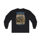 Back artwork on BUILT TO HAUL Wheel Tractor-Scraper Heavy Cotton Long Sleeve in Black