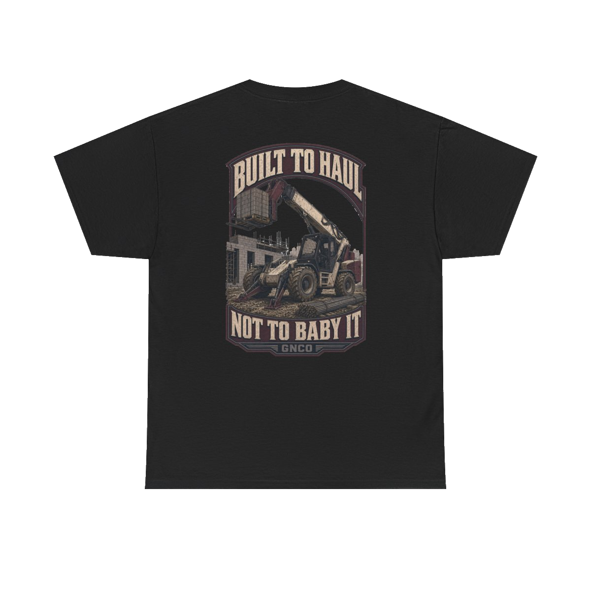Back artwork on BUILT TO HAUL Telehandler Heavy Cotton Tee in Black