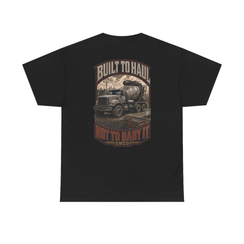 Back artwork on BUILT TO HAUL Concrete Mixer Heavy Cotton Tee in Black
