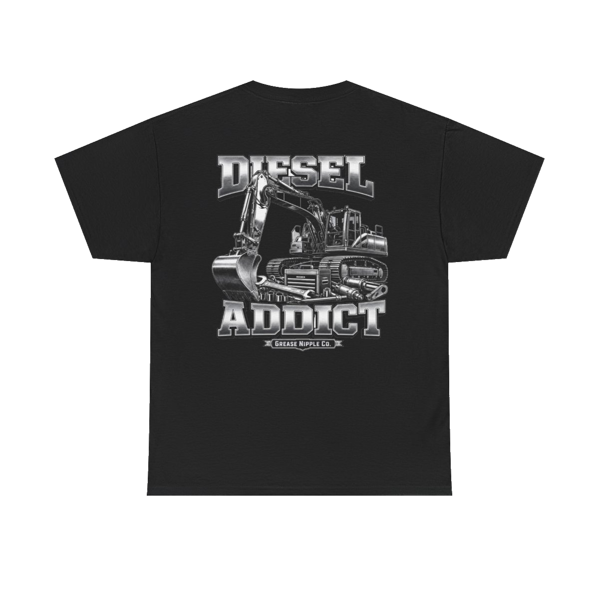 Back artwork on DIESEL ADDICT Excavator Tools Of The Trade Heavy Cotton Tee in Black