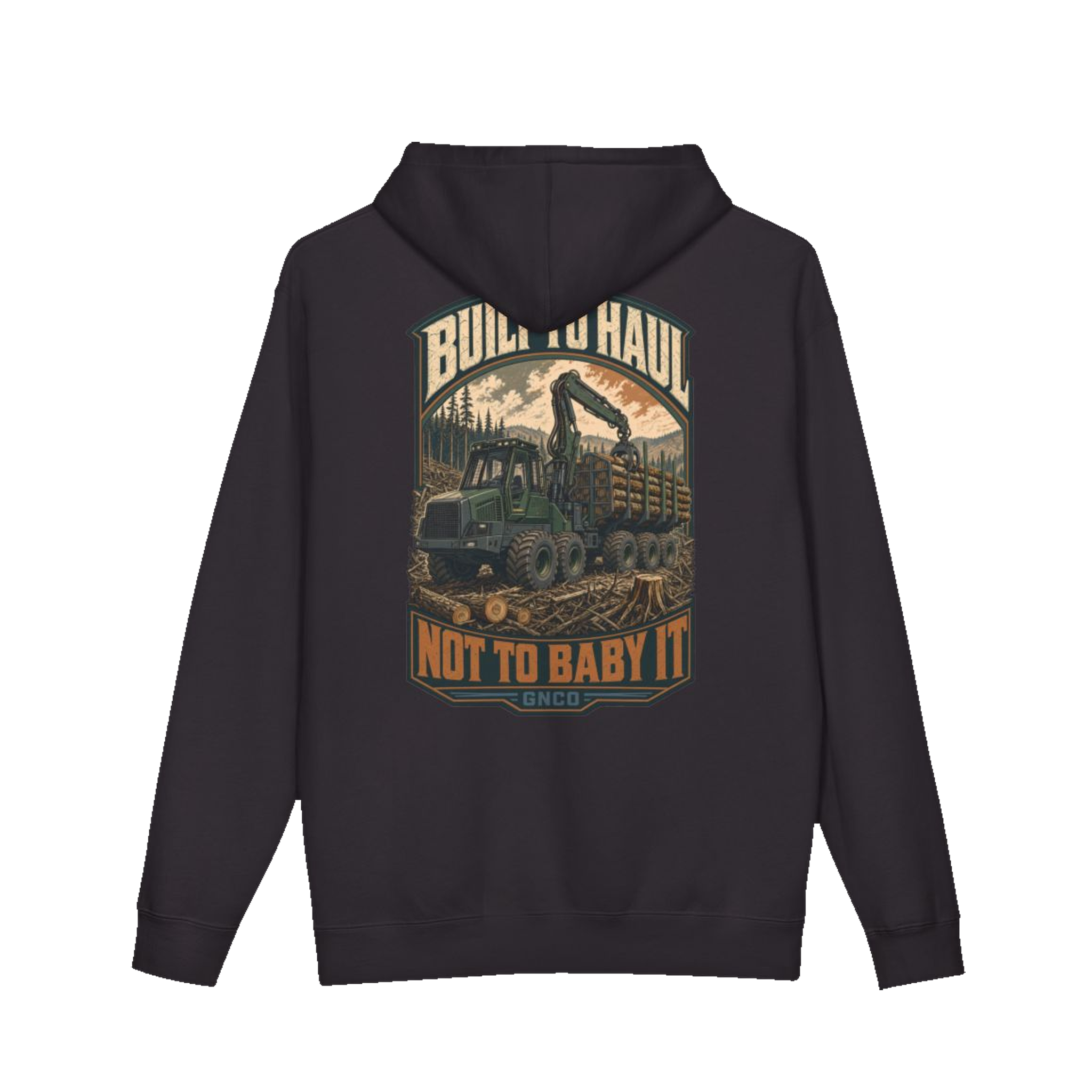 Back artwork on BUILT TO HAUL™ Forestry Log Forwarder Hoodie in Black