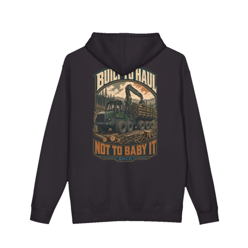 Back artwork on BUILT TO HAUL™ Forestry Log Forwarder Hoodie in Black