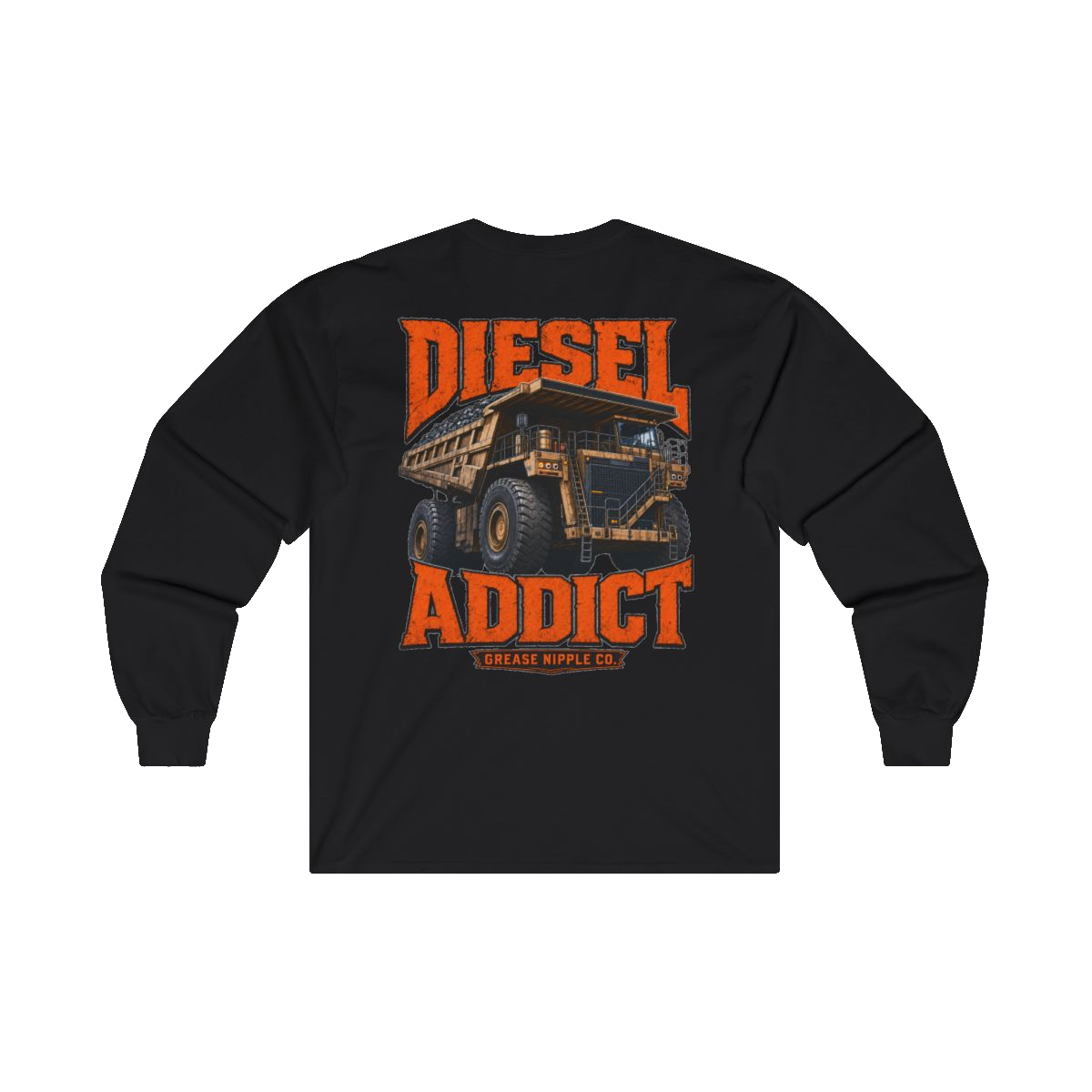 Back artwork on DIESEL ADDICT Quarry Haul Truck Heavy Cotton Long Sleeve in Black
