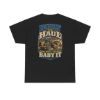 Back artwork on BUILT TO HAUL Wheel Tractor-Scraper Heavy Cotton Tee in Black