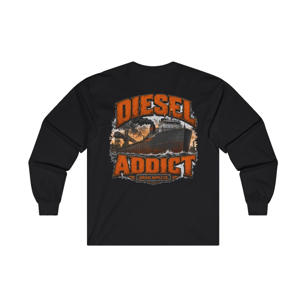 Back artwork on DIESEL ADDICT Lake Freighter Heavy Cotton Long Sleeve in Black