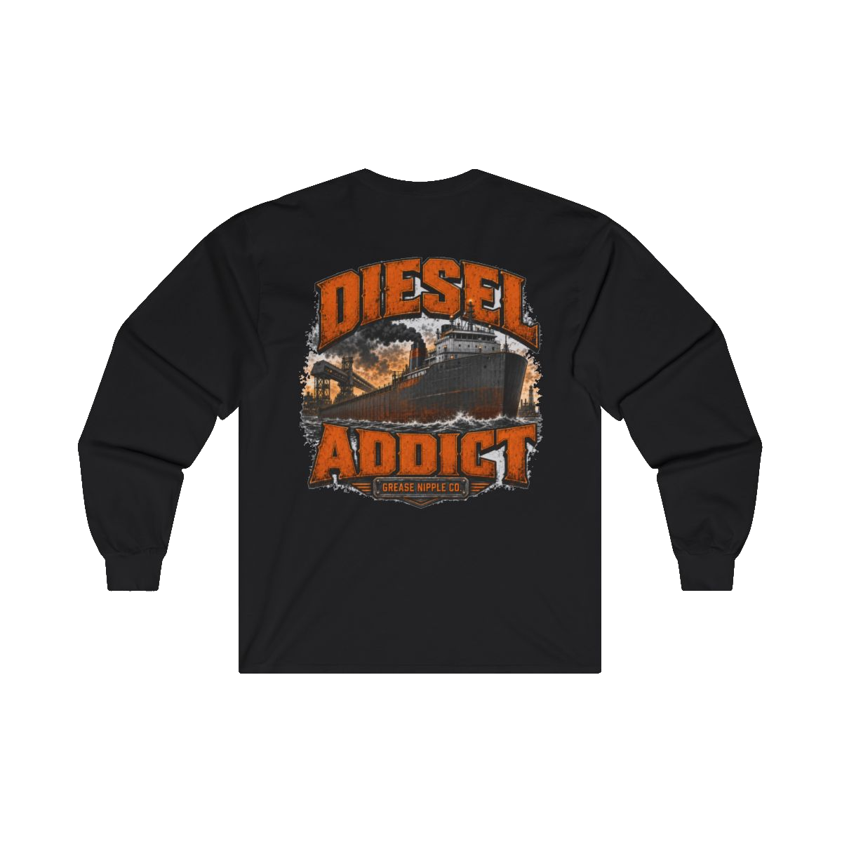 Back artwork on DIESEL ADDICT Lake Freighter Heavy Cotton Long Sleeve in Black