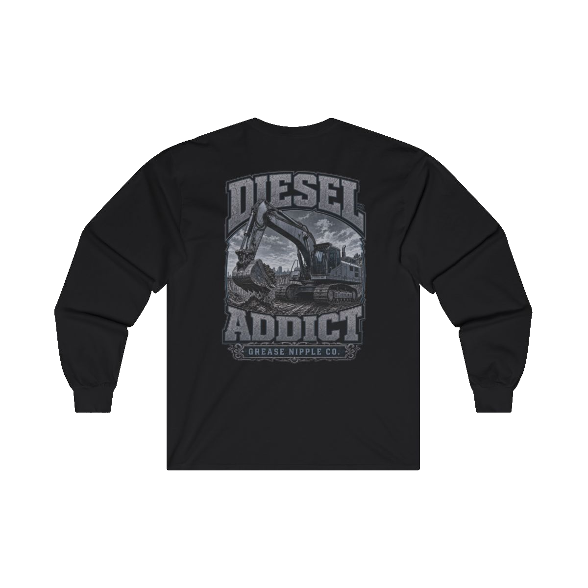 Back artwork on DIESEL ADDICT Excavator Heavy Cotton Long Sleeve in Black