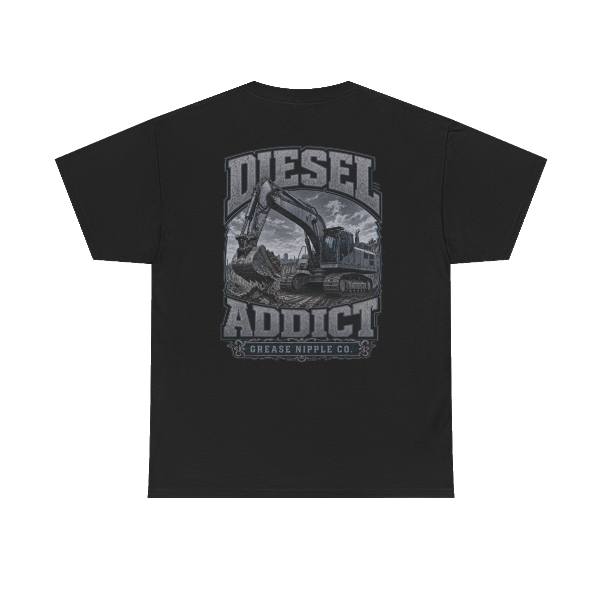 Back artwork on DIESEL ADDICT Excavator Heavy Cotton Tee in Black