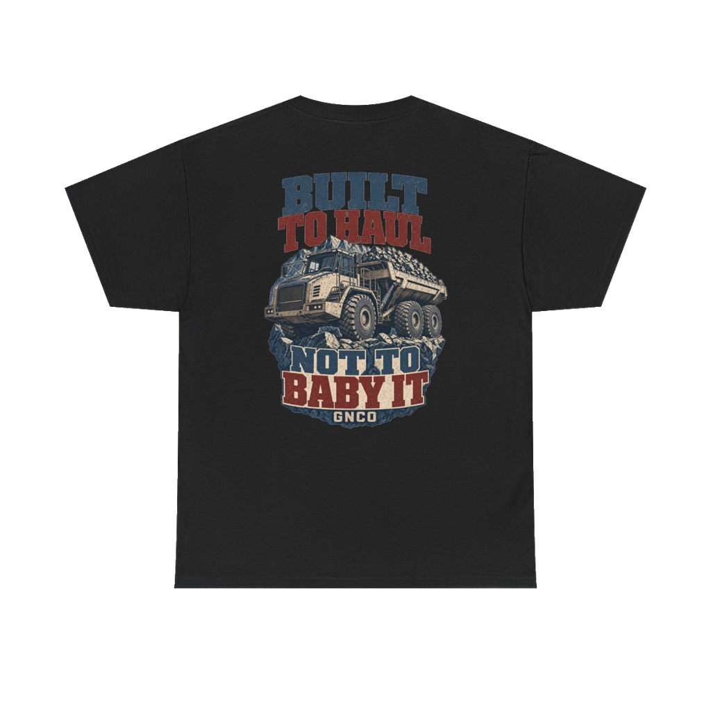 Back artwork on BUILT TO HAUL Articulated Quarry Hauler Heavy Cotton Tee in Black