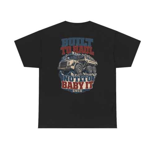 Back artwork on BUILT TO HAUL Articulated Quarry Hauler Heavy Cotton Tee in Black