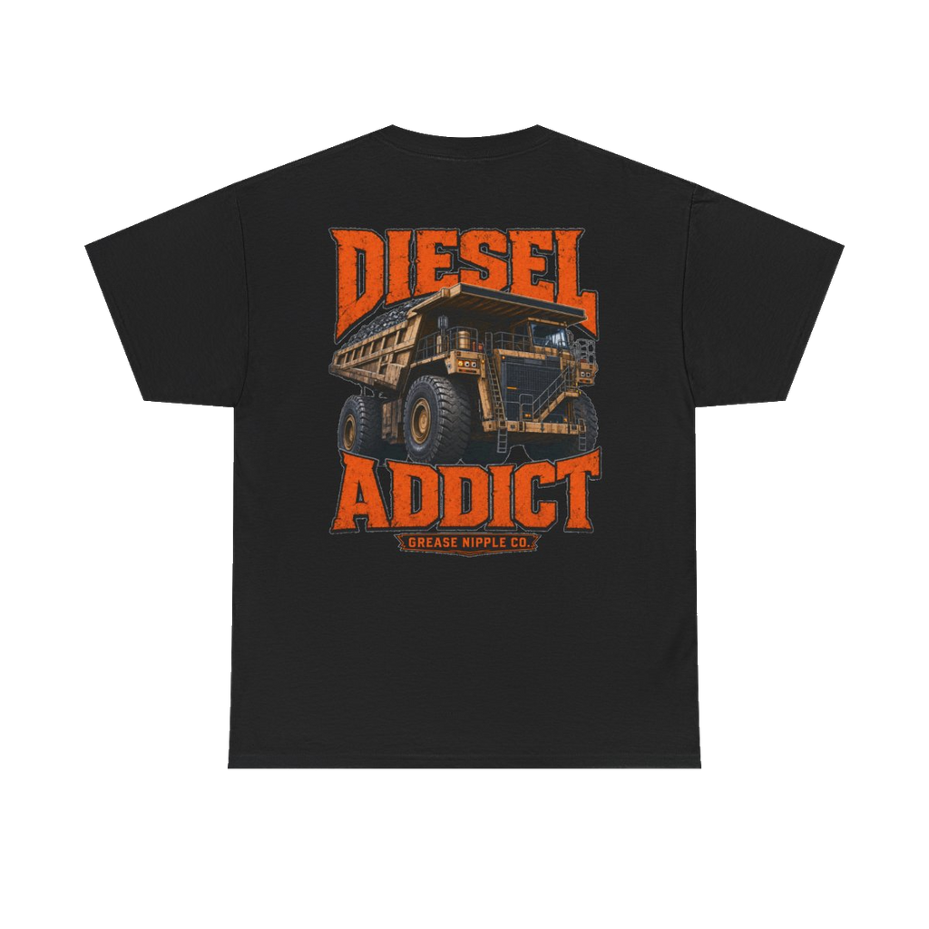 Back artwork on DIESEL ADDICT Quarry Haul Truck Heavy Cotton Tee in Black