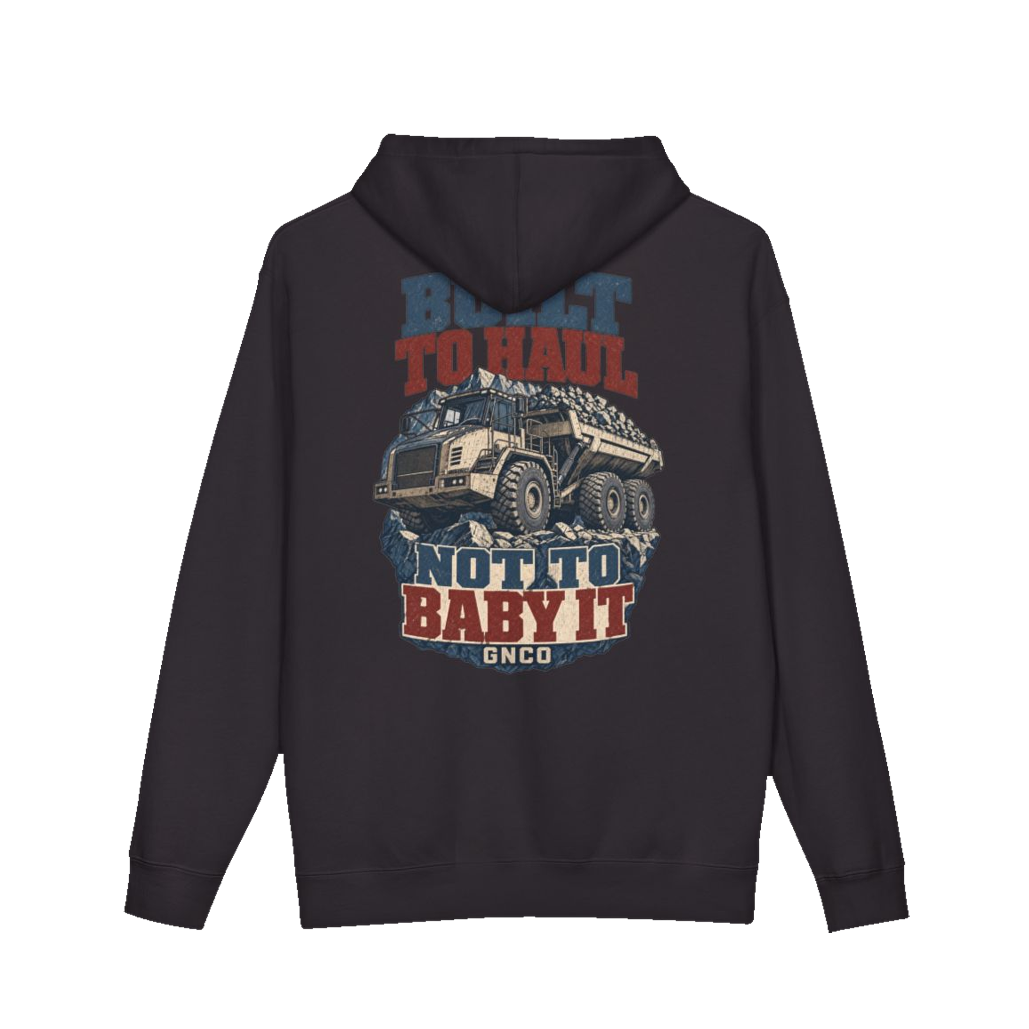 Back artwork on BUILT TO HAUL™ Articulated Quarry Hauler Hoodie in Black