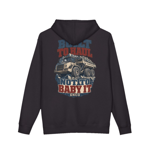 Back artwork on BUILT TO HAUL™ Articulated Quarry Hauler Hoodie in Black