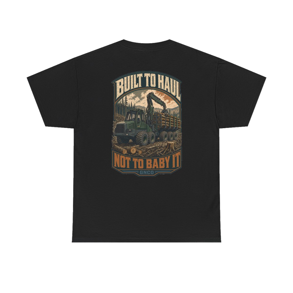 Back artwork on BUILT TO HAUL Forestry Log Forwarder Heavy Cotton Tee in Black