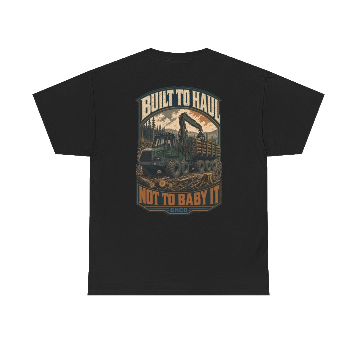 Back artwork on BUILT TO HAUL Forestry Log Forwarder Heavy Cotton Tee in Black