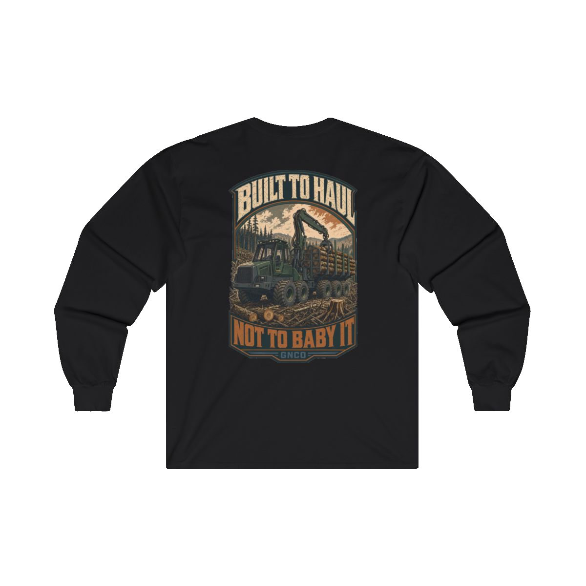 Back artwork on BUILT TO HAUL Forestry Log Forwarder Heavy Cotton Long Sleeve in Black
