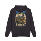 Back artwork on BUILT TO HAUL™ Wheel Tractor-Scraper Hoodie in Black