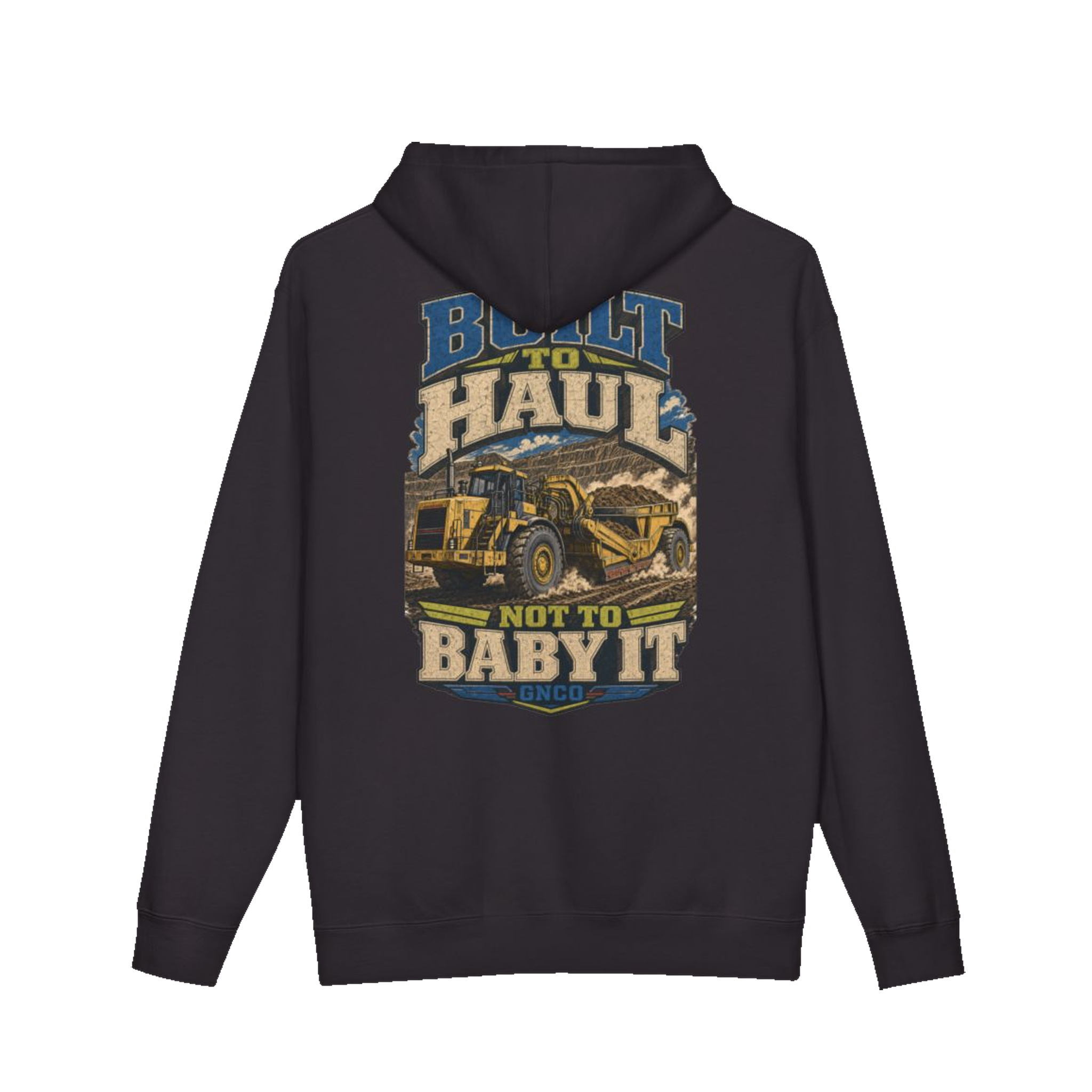 Back artwork on BUILT TO HAUL™ Wheel Tractor-Scraper Hoodie in Black