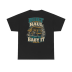Back artwork on BUILT TO HAUL Mining Haul Truck Heavy Cotton Tee in Black