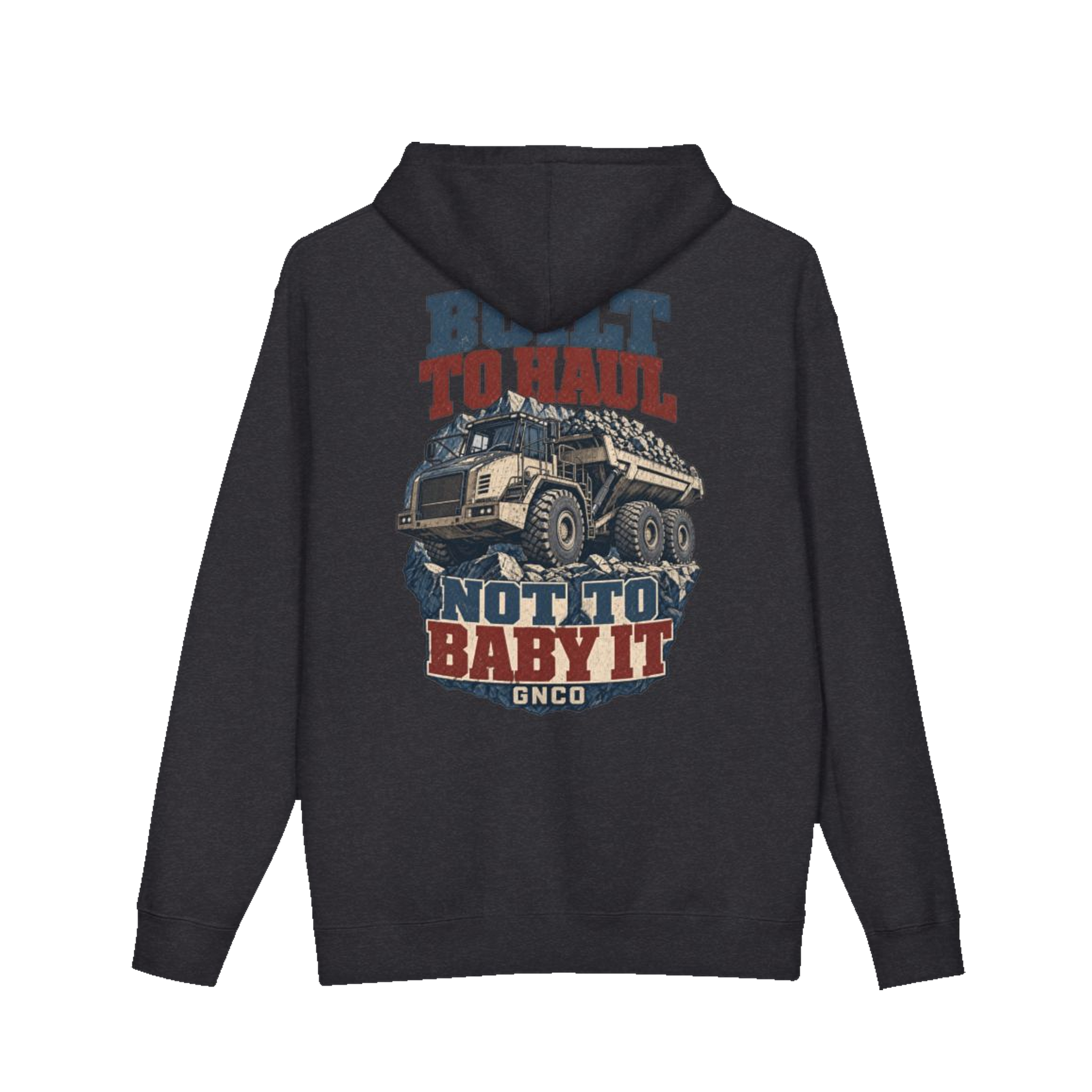 Back artwork on BUILT TO HAUL™ Articulated Quarry Hauler Hoodie in Charcoal Heather