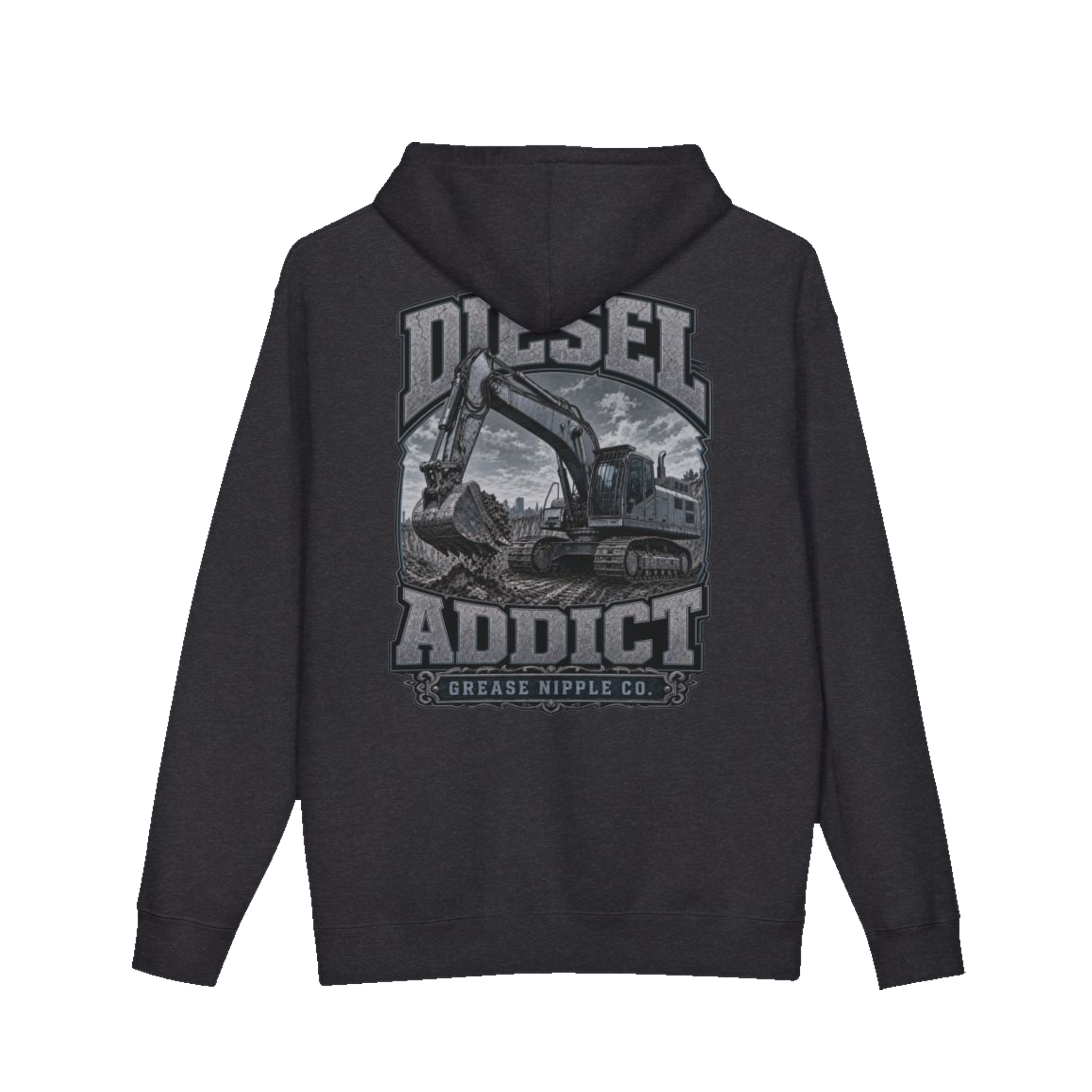 Back artwork on DIESEL ADDICT™ Excavator Hoodie in Charcoal Heather