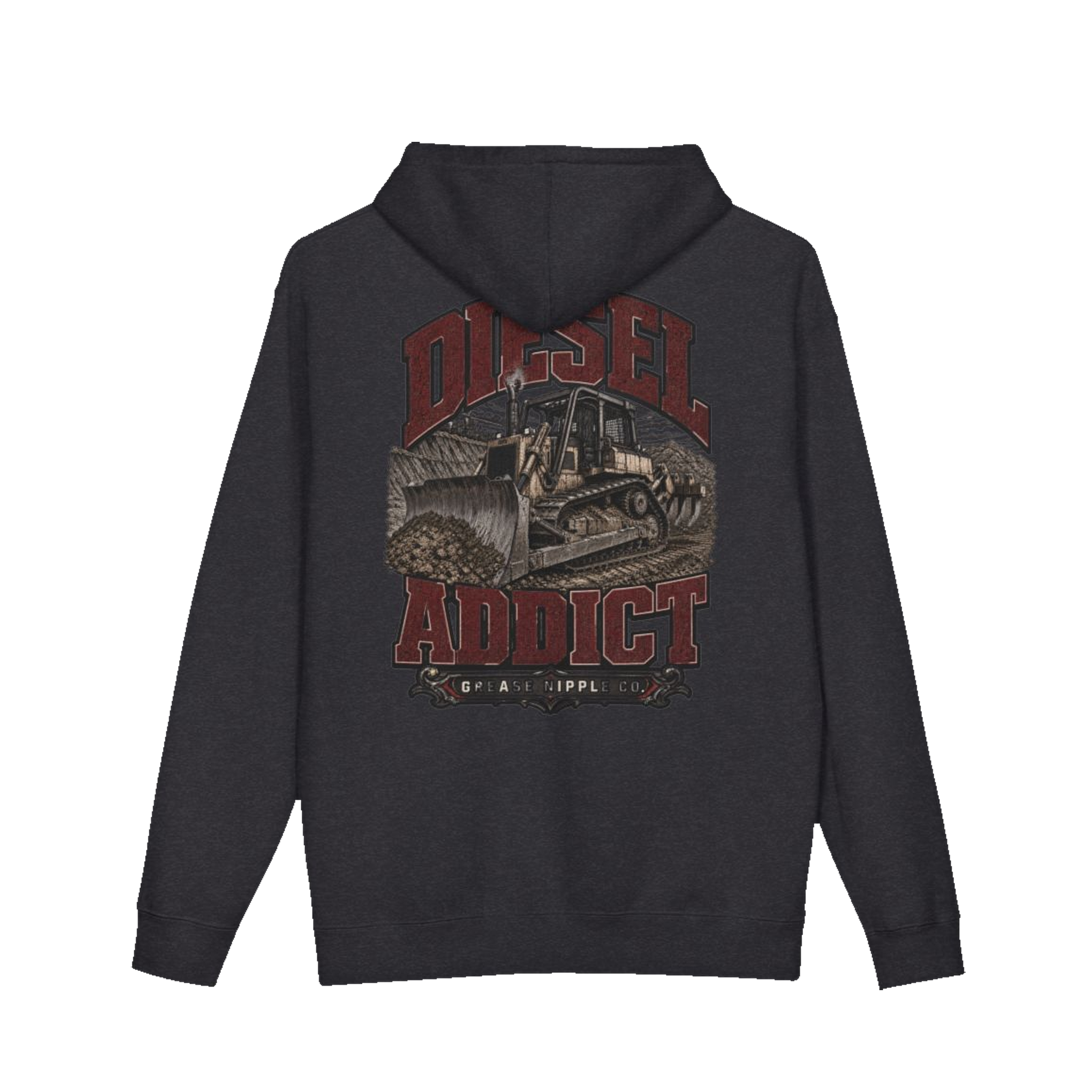 Back artwork on DIESEL ADDICT™ Crawler Dozer Hoodie in Charcoal Heather