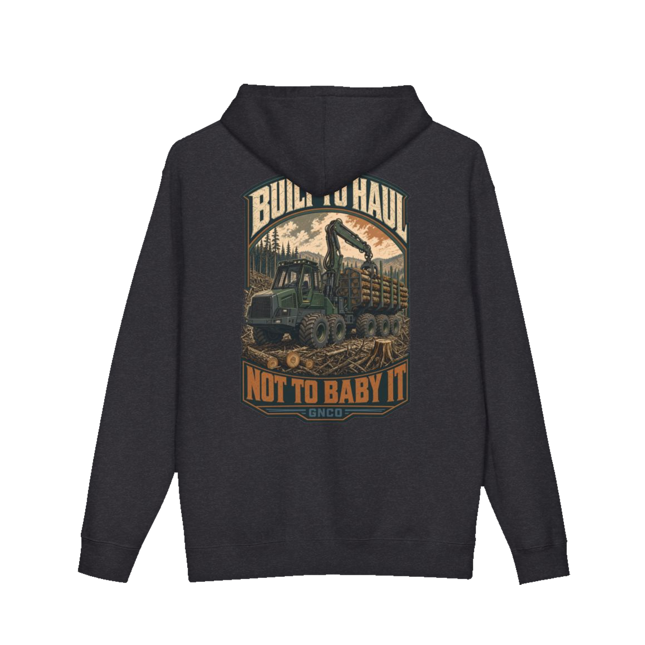 Back artwork on BUILT TO HAUL™ Forestry Log Forwarder Hoodie in Charcoal Heather