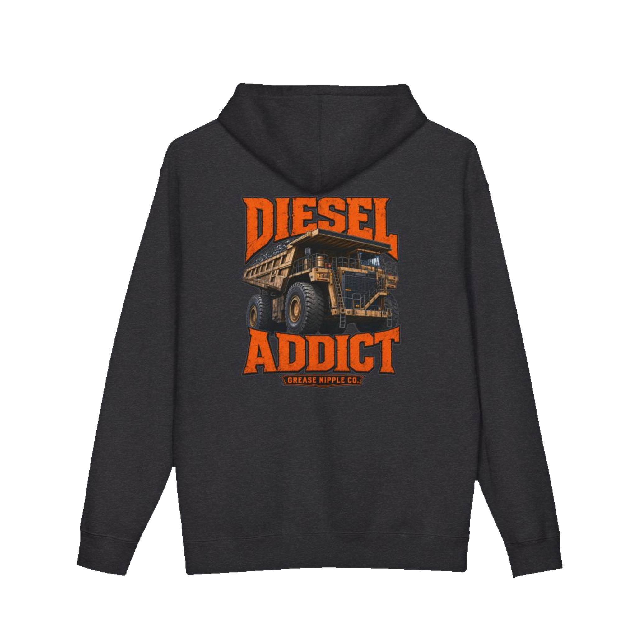 Back artwork on DIESEL ADDICT™ Quarry Haul Truck Hoodie in Charcoal Heather