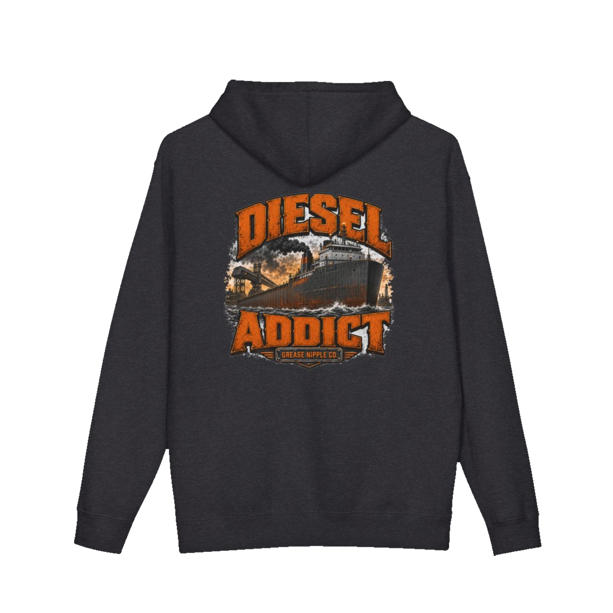 Back artwork on DIESEL ADDICT™ Lake Freighter Hoodie in Charcoal Heather