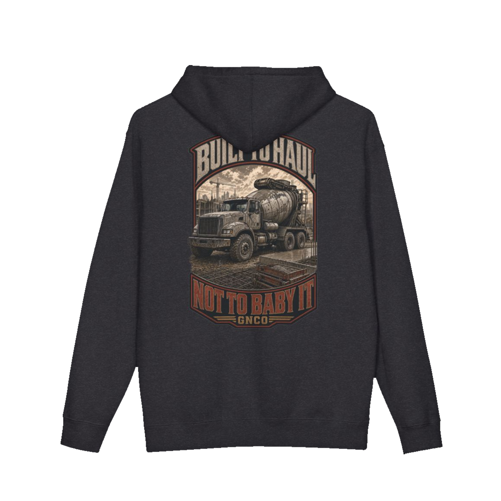Back artwork on BUILT TO HAUL™ Concrete Mixer Hoodie in Charcoal Heather