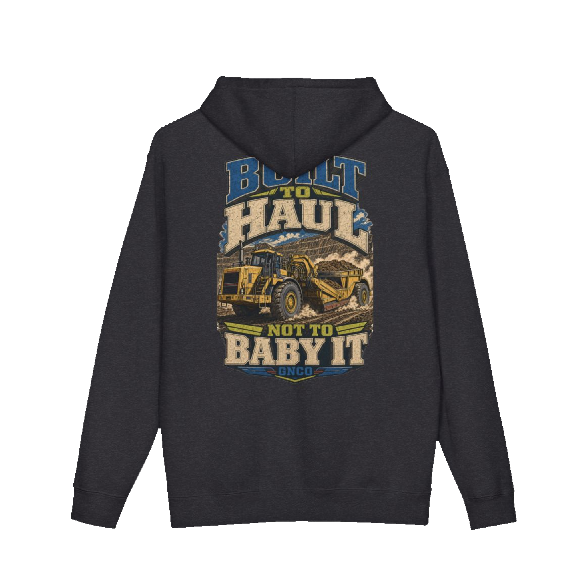 Back artwork on BUILT TO HAUL™ Wheel Tractor-Scraper Hoodie in Charcoal Heather