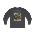 Back artwork on BUILT TO HAUL Wheel Tractor-Scraper Heavy Cotton Long Sleeve in Dark Heather