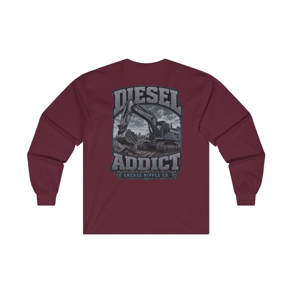 Back artwork on DIESEL ADDICT Excavator Heavy Cotton Long Sleeve in Maroon