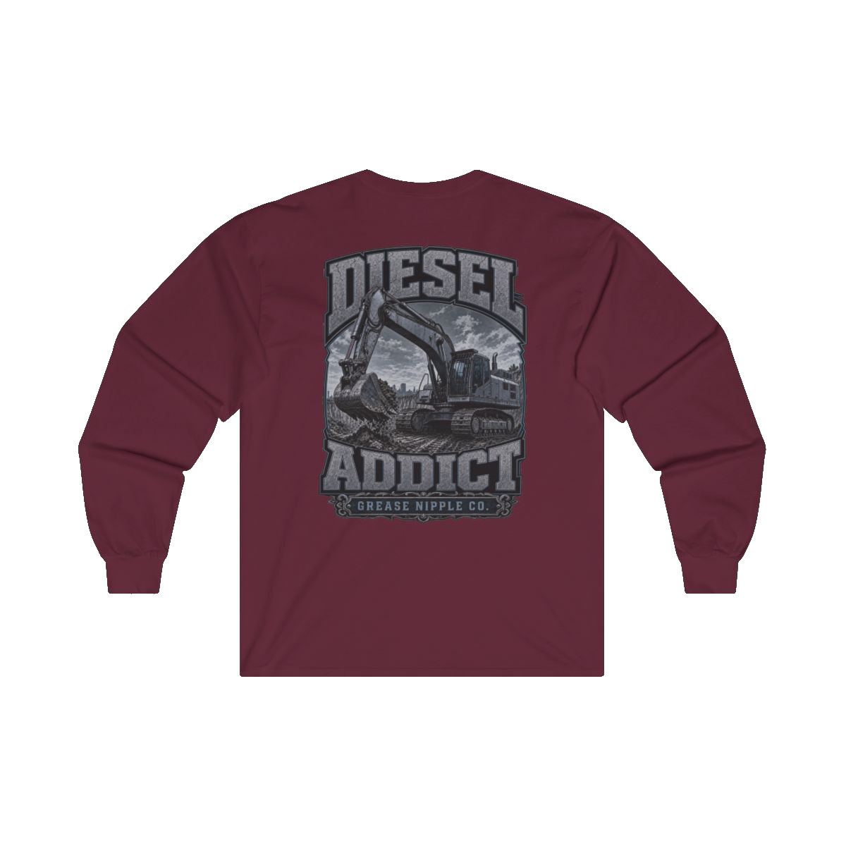 Back artwork on DIESEL ADDICT Excavator Heavy Cotton Long Sleeve in Maroon