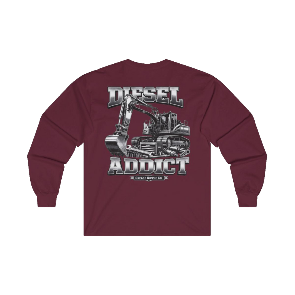 Back artwork on DIESEL ADDICT Excavator Tools Of The Trade Heavy Cotton Long Sleeve in Maroon