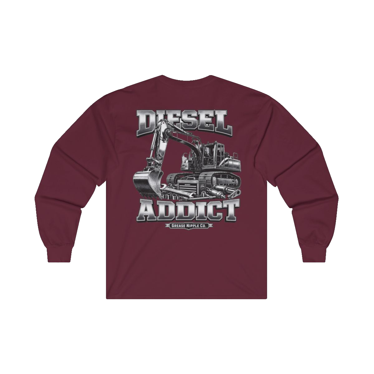 Back artwork on DIESEL ADDICT Excavator Tools Of The Trade Heavy Cotton Long Sleeve in Maroon