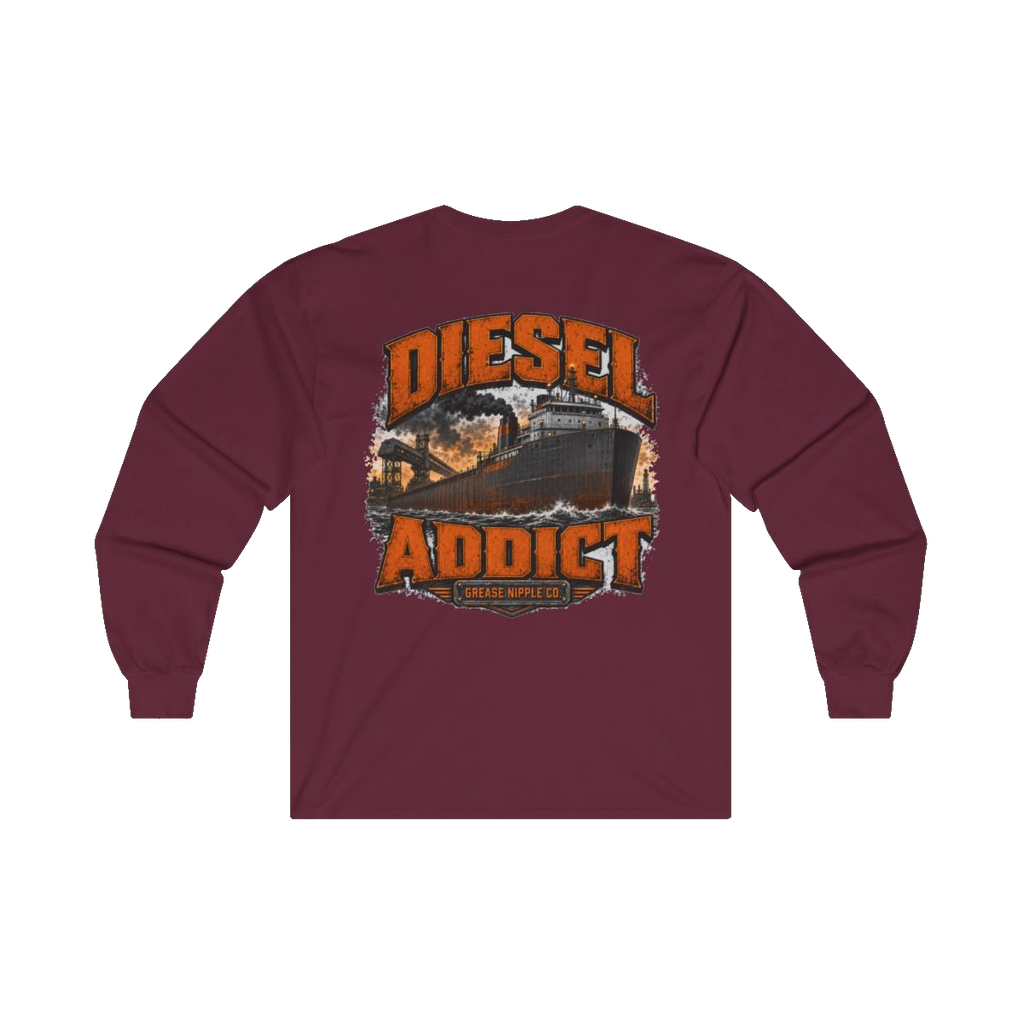 Back artwork on DIESEL ADDICT Lake Freighter Heavy Cotton Long Sleeve in Maroon
