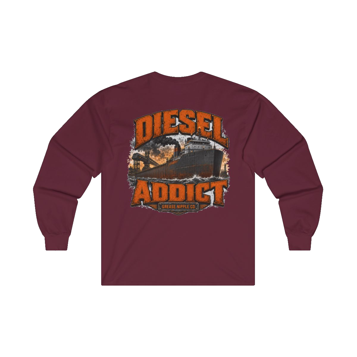 Back artwork on DIESEL ADDICT Lake Freighter Heavy Cotton Long Sleeve in Maroon
