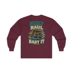 Back artwork on BUILT TO HAUL Mining Haul Truck Heavy Cotton Long Sleeve in Maroon
