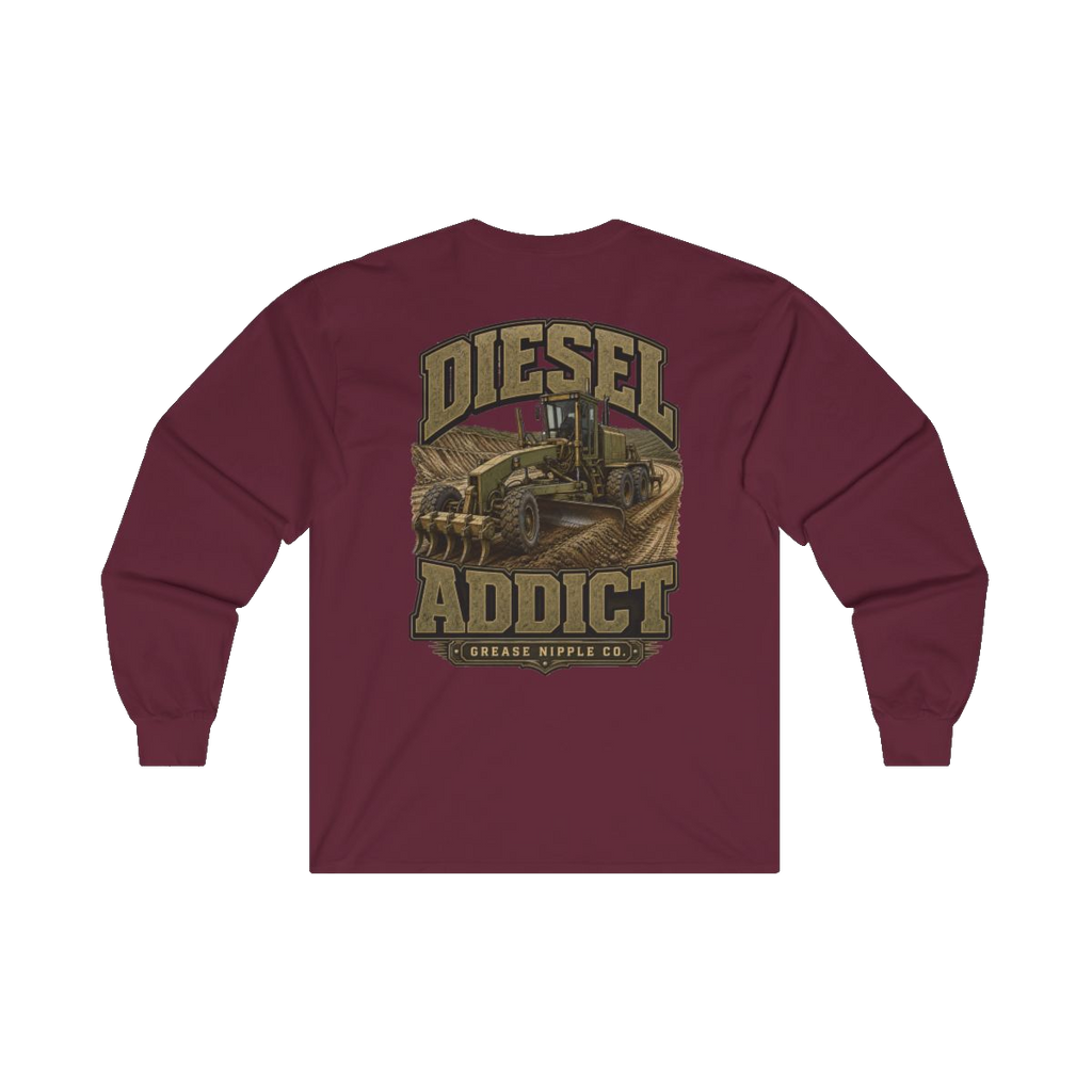 Back artwork on DIESEL ADDICT Motor Grader Heavy Cotton Long Sleeve in Maroon