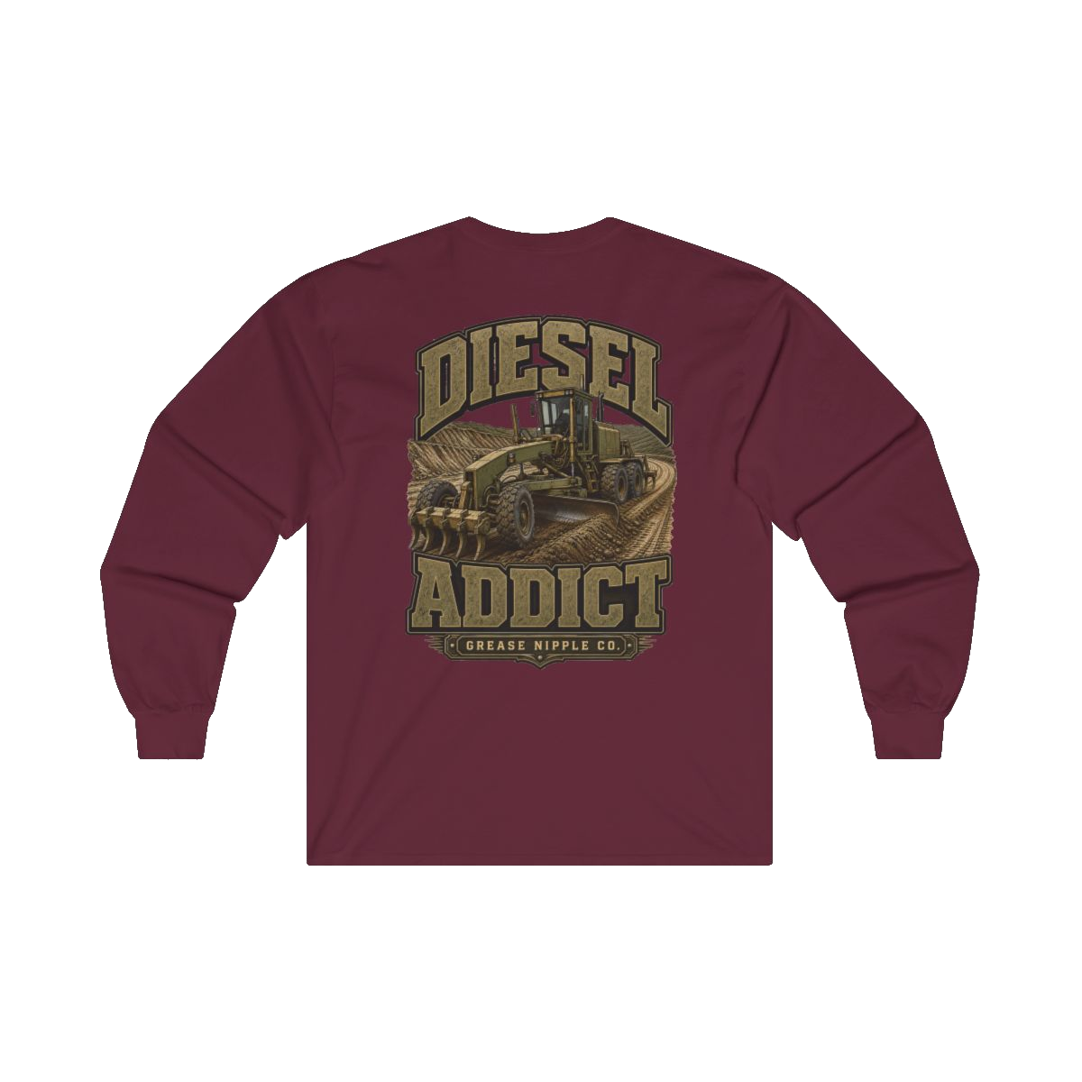 Back artwork on DIESEL ADDICT Motor Grader Heavy Cotton Long Sleeve in Maroon