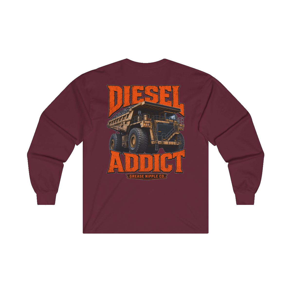 Back artwork on DIESEL ADDICT Quarry Haul Truck Heavy Cotton Long Sleeve in Maroon