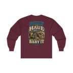 Back artwork on BUILT TO HAUL Wheel Tractor-Scraper Heavy Cotton Long Sleeve in Maroon