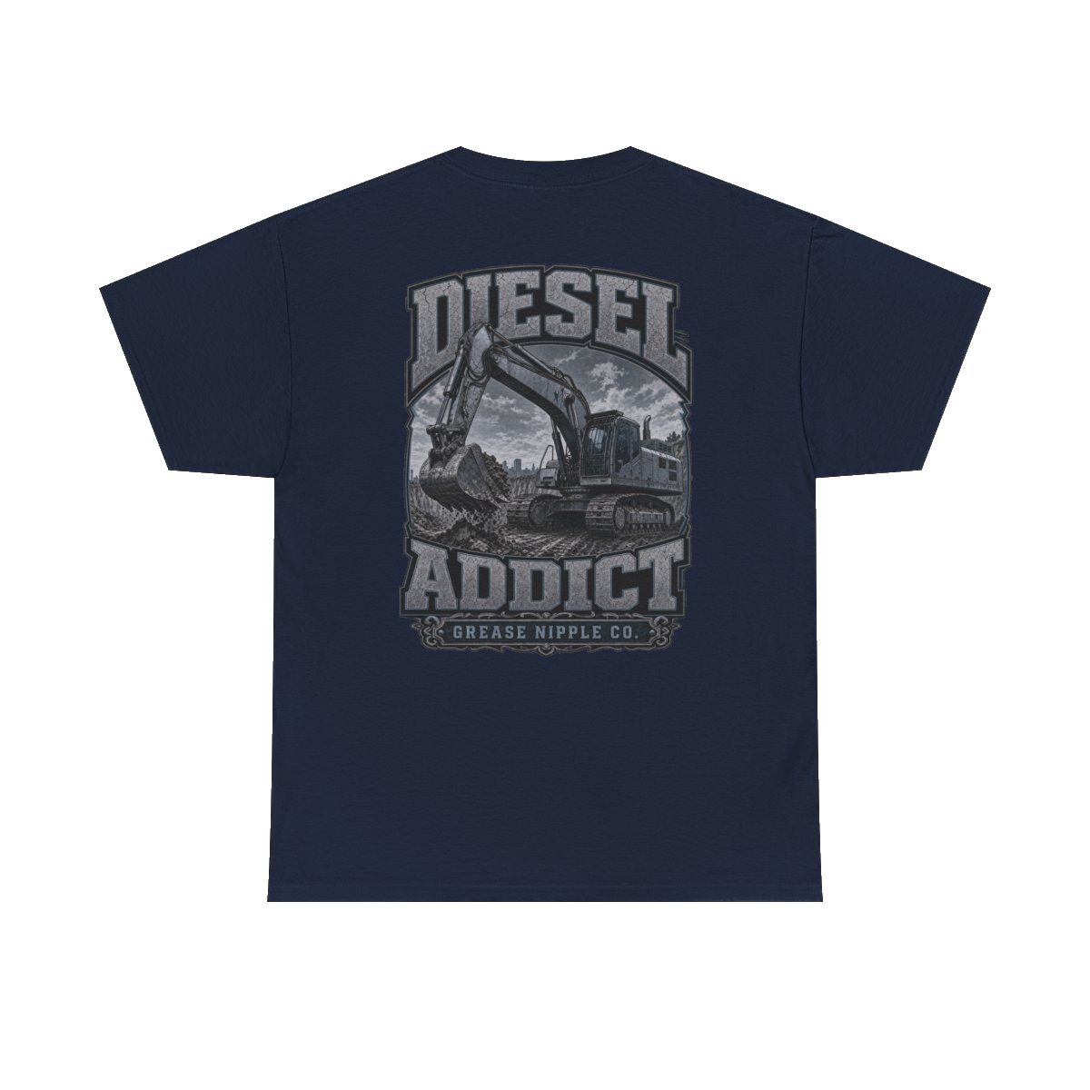 Back artwork on DIESEL ADDICT Excavator Heavy Cotton Tee in Navy