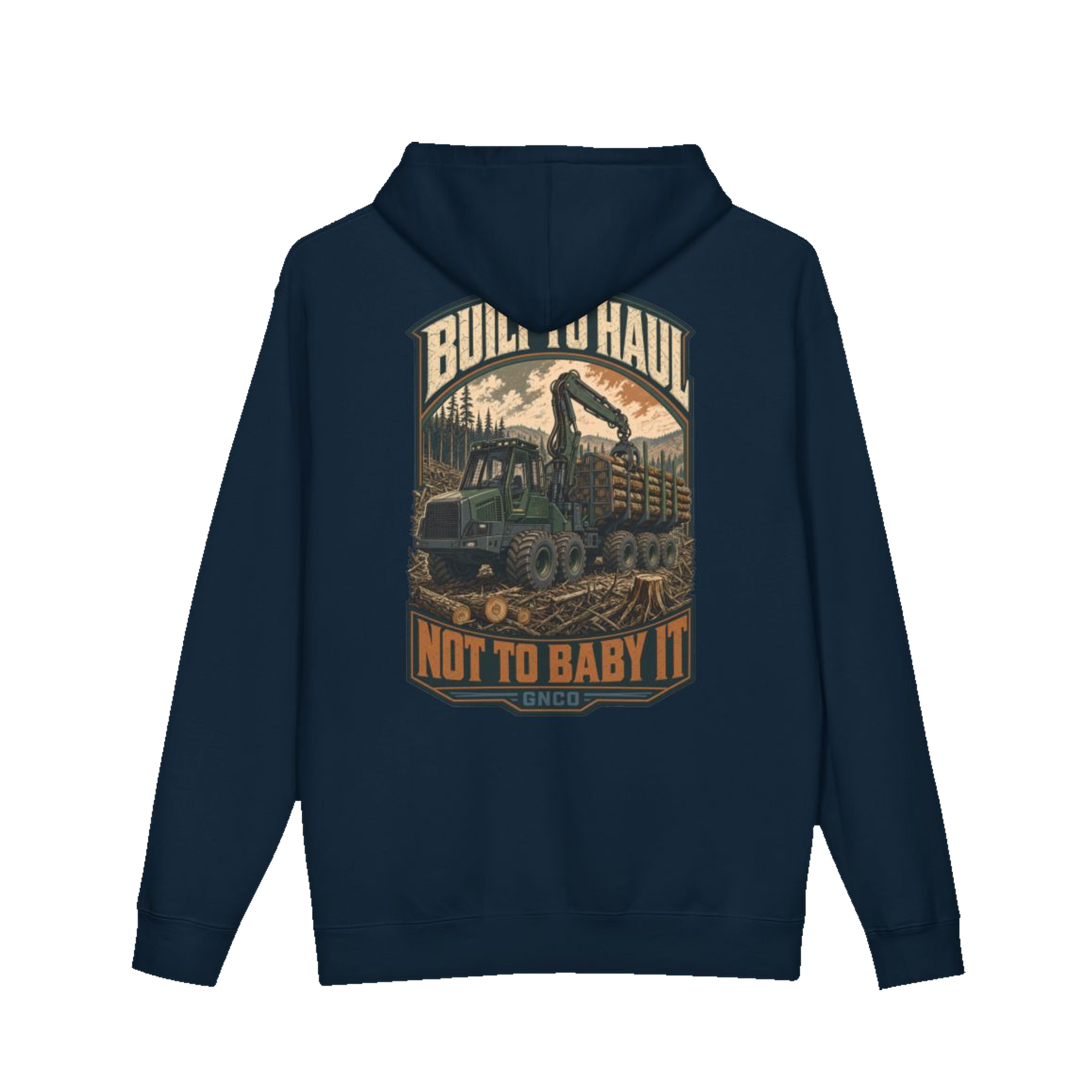 Back artwork on BUILT TO HAUL™ Forestry Log Forwarder Hoodie in Navy