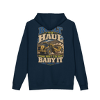 Back artwork on BUILT TO HAUL™ Wheel Tractor-Scraper Hoodie in Navy