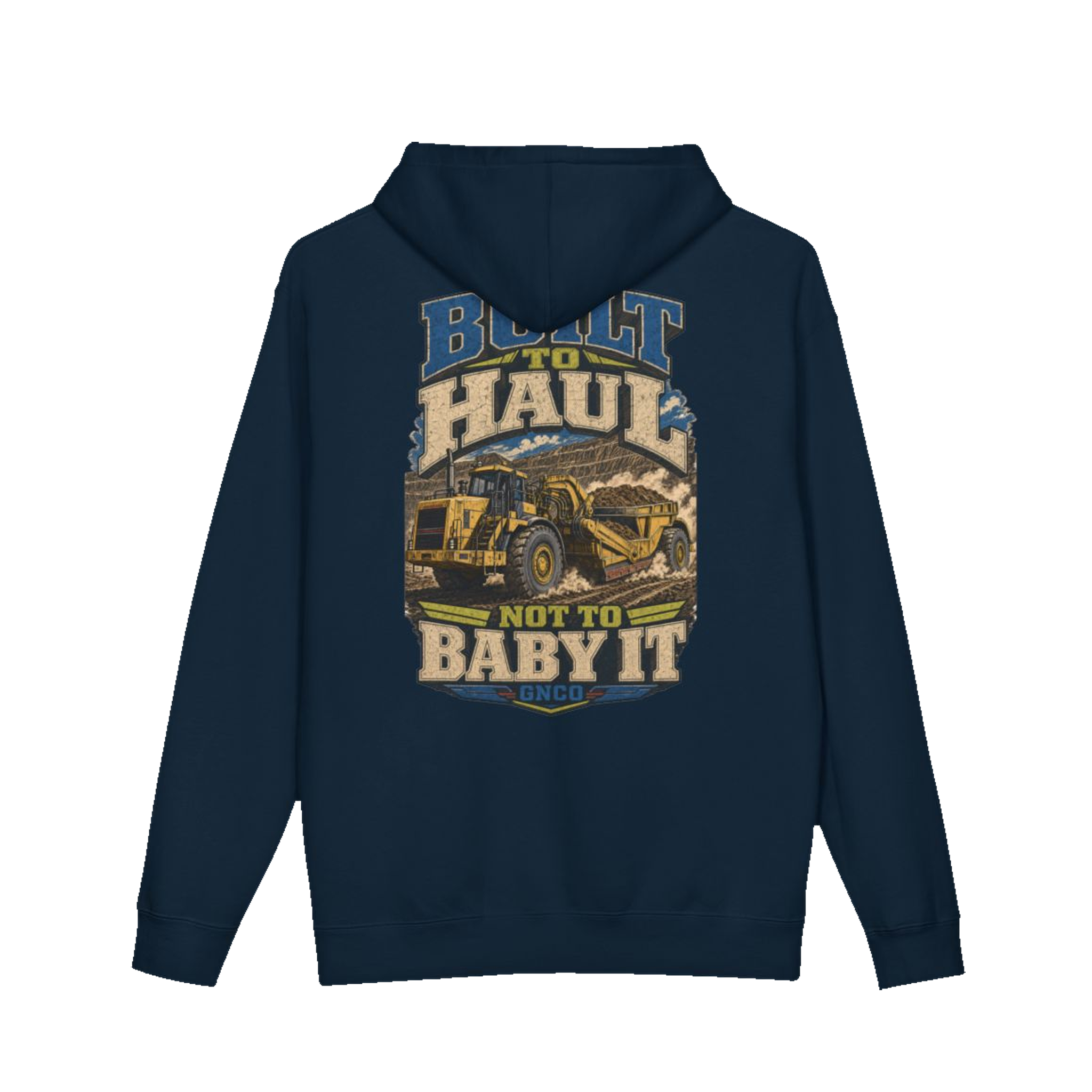 Back artwork on BUILT TO HAUL™ Wheel Tractor-Scraper Hoodie in Navy